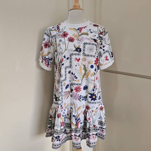 Meiling Fashion Short Sleeve White Floral Print Dress, New with Tag, Sz. M - Picture 1 of 8